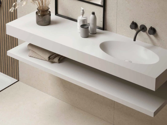 Plan vasque lavabo sur mesure : L 60 à 201 x P 40 à 51 cm, finition lisse mate, 10 couleurs au choix, Anti bactérien, résine Akrytan® teinté dans la masse, Livraison Offerte.